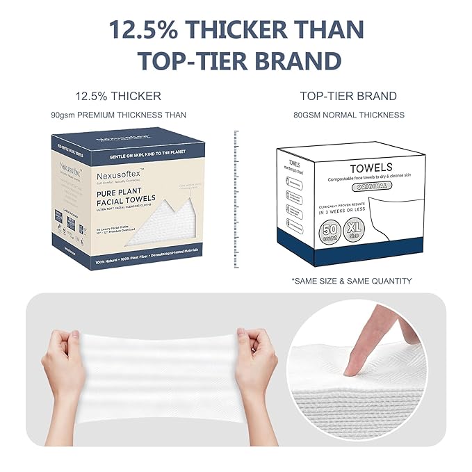 Premium Disposable Face Towels, 10"x12" XL, 90gsm Ultra-Thick 100% USDA Biobased Facial Towel, Gentle for All Skin Types, Magnetic Closure Box with Visibility Window (1 pack of 50ct)