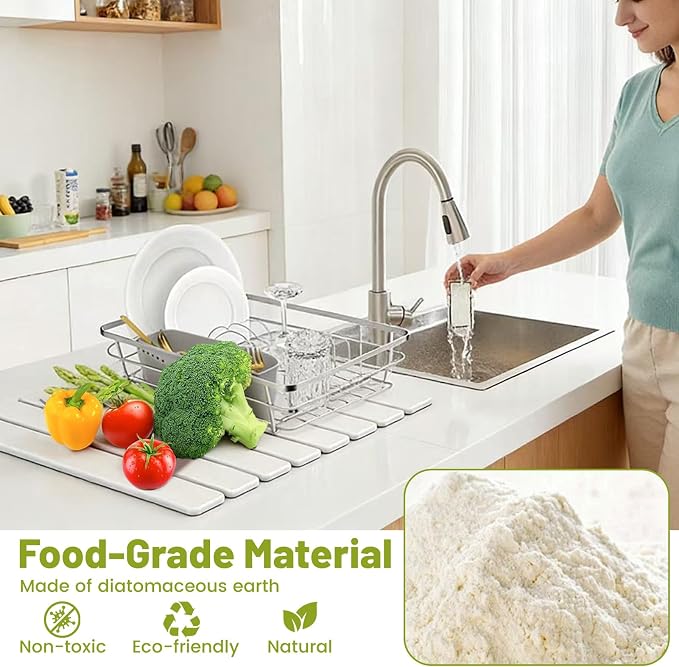 Large Stone Dish Drying Mat for Kitchen Counter, 24"x16" Collapsible Quick Dry Stone Dishes Mats, Water Absorbent Diatomaceous Earth Mats for Bottles Cups Dishes, Match Any Countertop