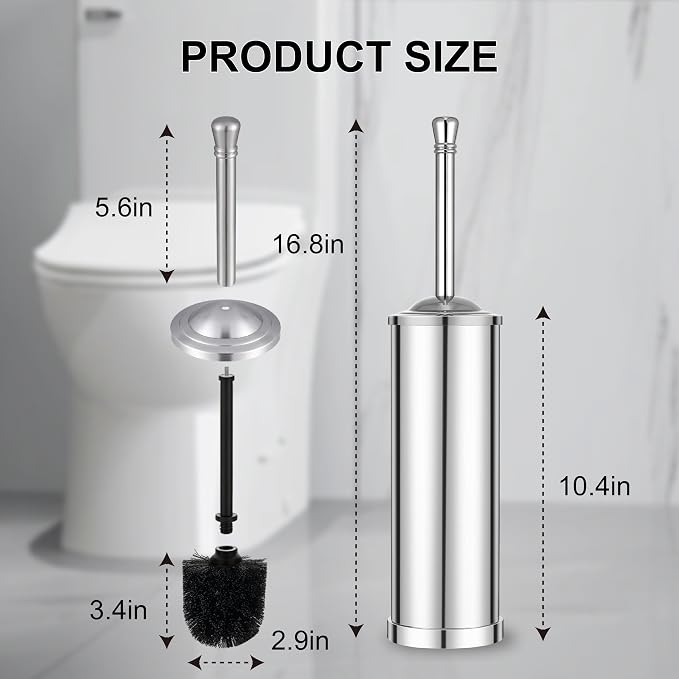 Stainless Steel Toilet Brush and Holder Set,Extra Long Handled Toilet Brush for Bathroom,Heavy Duty Toilet Bowl Brush,Modern Toilet Cleaner Brush, Splash Protection,Deep Cleaning (Chrome)