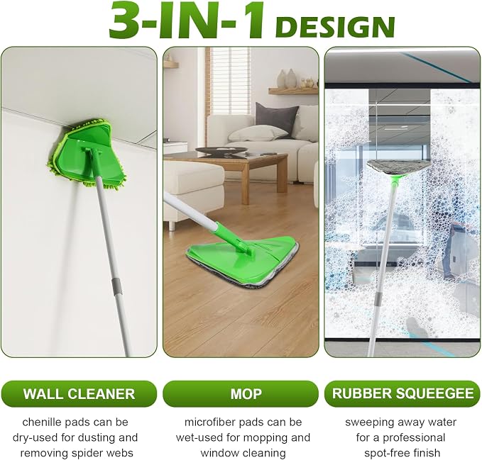 RONSUNG Wall Cleaner Mop, 82-Inch Handle, Baseboard Cleaner Tool, 6 Pads | Wall scrubber with long handle, triangle head, squeegee, and 6 pads for walls, ceilings, windows, baseboards, and floors
