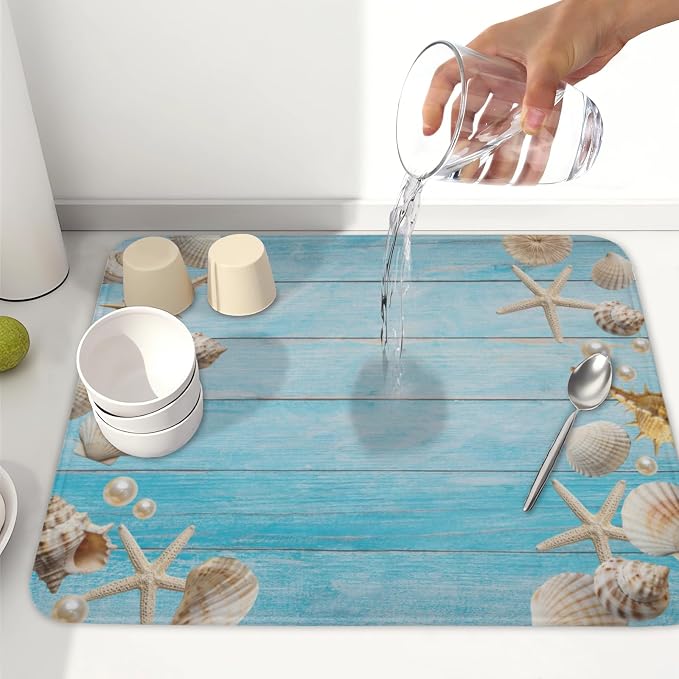Summer Coastal Dish Drying Mat for Kitchen Counter Seashell Starfish Blue Wooden Board Microfiber Dish Drainer Mat Ocean Nautical Absorbent Washable Drying Pad Extra Large 16"x18"