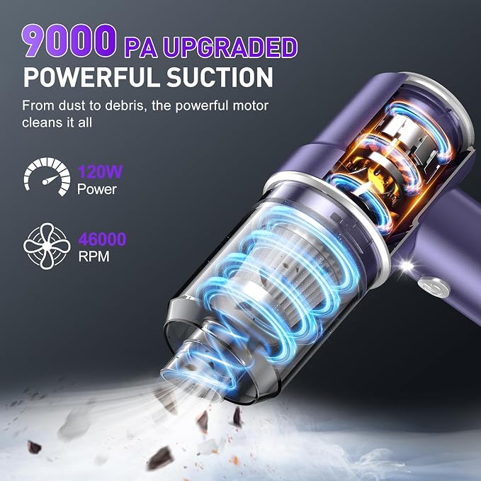 KMM Handheld Car Vacuum Cleaner, Hand Held Vacuum Cleaner & Air Duster | 9000PA Strong Suction, 120W High Power, Portable, Cordless, Rechargeable, Multi-Nozzles & LED Light, For Home, Car, Office