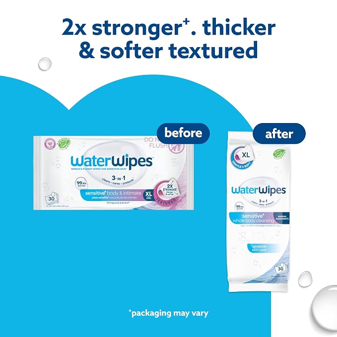 WaterWipes Sensitive Whole Body Cleansing Wipes, 99.9% Purified Water, XL Textured Wipes, Incontinence Care, Fragrance Free, 360 Count