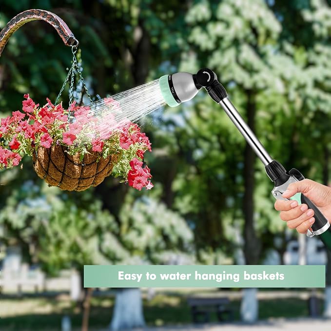 RESTMO Heavy Duty Metal Hose Wand, Watering Wand for Garden Hose | 180° Swivel Ratcheting Head, 16'' Hose Sprayer, 7 Spray Patterns, Flow Control, Ideal for Hanging Baskets & Shrubs, Cyan