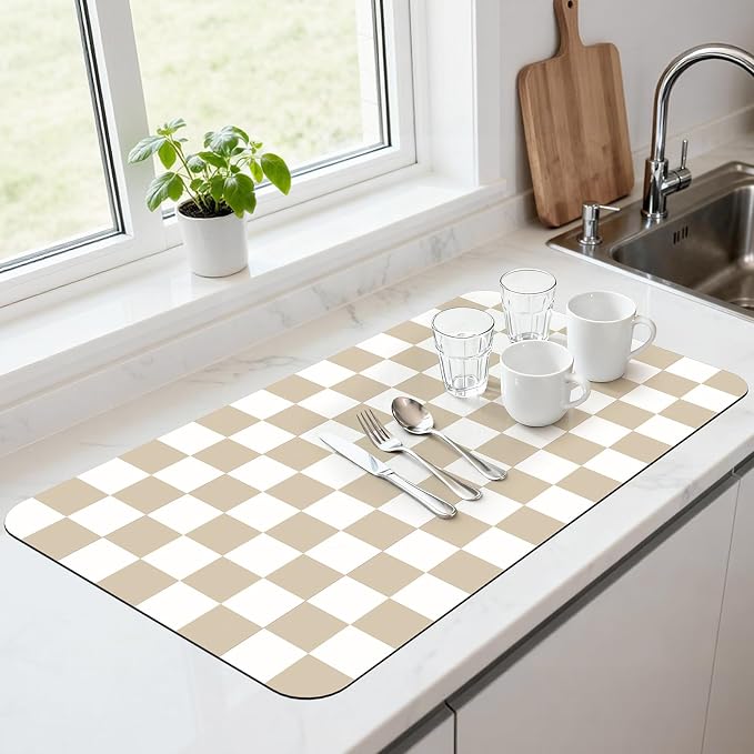 17" x 32" Checkered Dish Drying Mat for Kitchen Counter, Absorbent Coffee Bar Mat for Espresso Machine Coffee Countertops Accessories, Beige