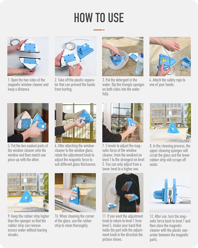 Double Side Magnetic Window Cleaner,Adjustable Magnetic Double Window Glass Wiper Glider Washing Brush Equipment Cleaning Brush Wiper Tools for High-Rise and Car Glazed Windows Thickness 4-30mm | Window Cleaning Tool For Outside Glass, With 98" Hand-Ti...