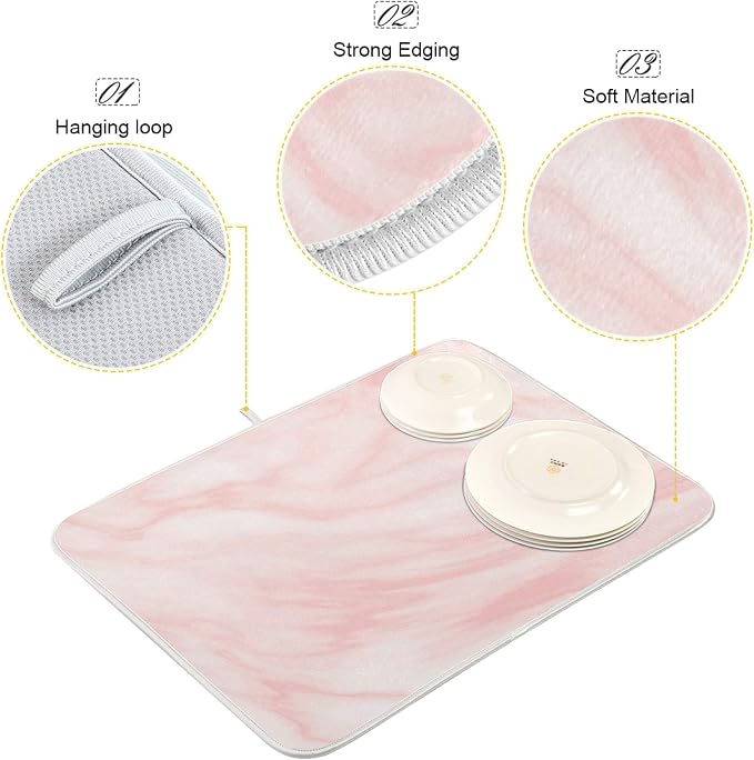 Super Absorbent Dish Drying Mat, Microfiber Fast-Drying Dish Mat, 16" x 18", Kitchen Dish Drying Pad, Pink Coral Marble