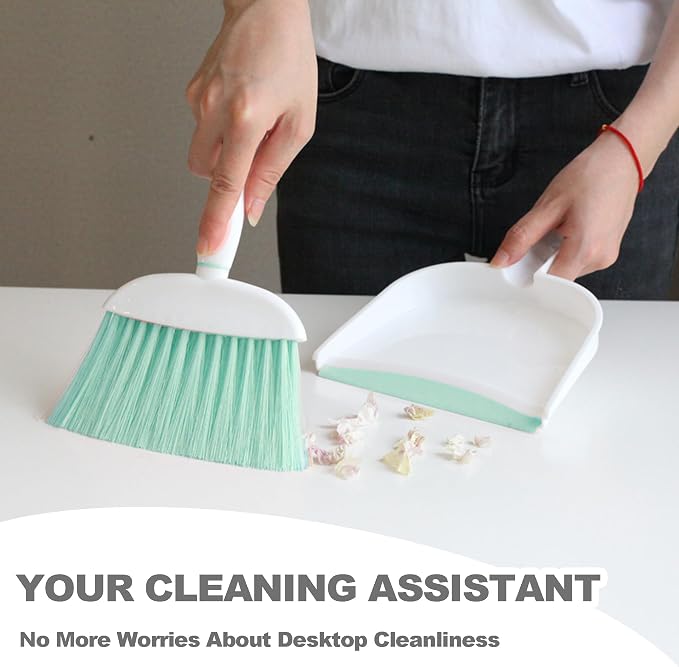 Mini Broom and Dustpan Set Small Broom with Dustpan Combo Set Portable Cleaning Tools for Home Office RV Learning Camping (White+Green)