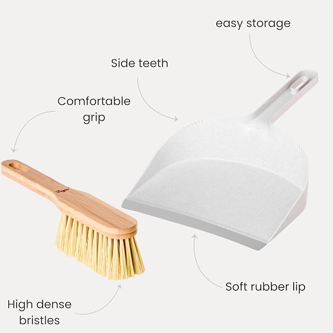 Vigar Zeroline Mini Bamboo Broom with Dustpan Combo Set, Gray | Small Dust Pan and Brush Set, For Dust, Pet Hair, Car and Crumbs, House and Kitchen Cleaning, Bamboo Broom