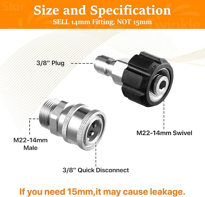 Twinkle Star Pressure Washer Adapter Set, Stainless Steel, 9 Sets | Quick Disconnect Kit, M22 14mm Quick Connect Swivel to 3/8" Fittings, 3/4" to Quick Release