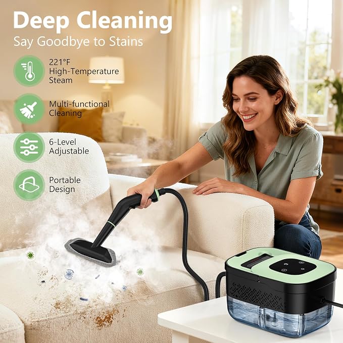 Steam Cleaner, Portable Steamer for Cleaning with 16pcs Accessories, 6-Level Adjustable and 15s Heat-Up, Handheld Steam Cleaner for Home, Tile, Dirt, Grout, Grease, Car Detailing
