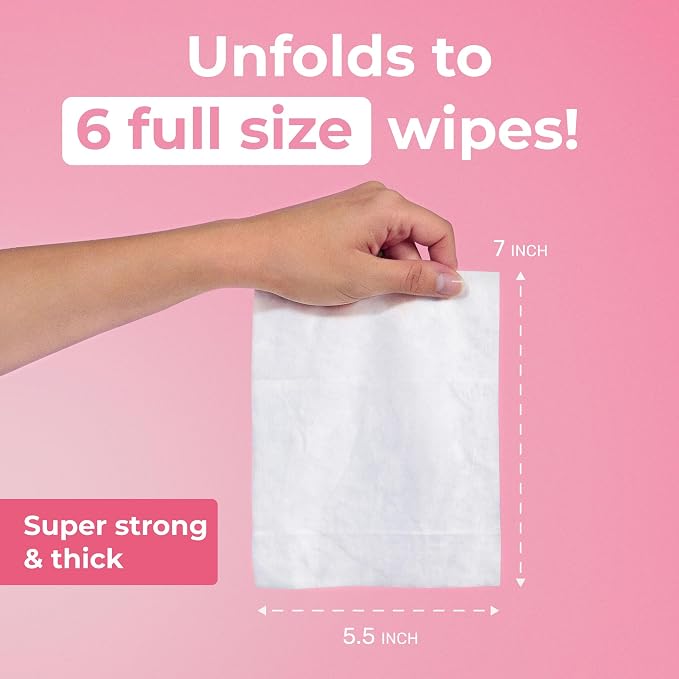 Impossibly Compact Travel Flushable Wipes - 99.5% Water and Aloe - Safe for Sensitive Skin - Travel Essentials for Adults & Kids, Rose, 8 Pack 48 Wipes
