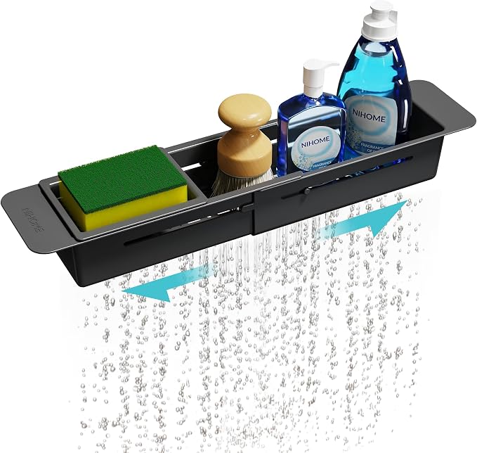 NiHome Extendable Over Sink Kitchen Organizer, Small Telescopic Brush Storage Rack for Sponge, Non-Slip Pads Expandable Sink Caddy, Adjustable Sponge/Brush Rack with Drainage Durable ABS (Black)