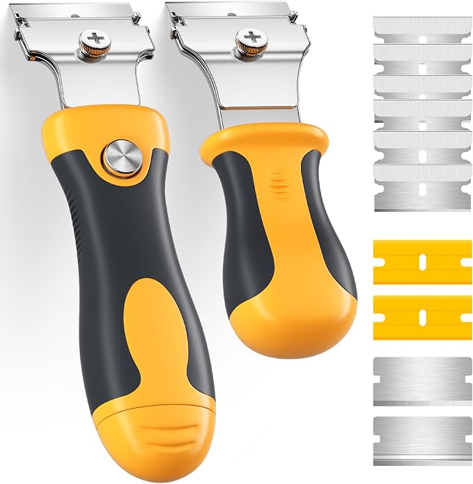 DIYSELF 12 Pack Razor Blade Scraper, Extendable Handle & 10 Extra Blades | Glass Scraper, Window Scraper & Oven Scraper for Cleaning Floors, Glass & Stove Tops, Blade Scraper and Protective Cover