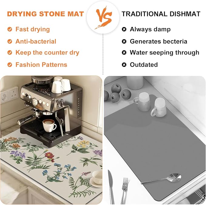 LOKHOM Dish Drying Mat for Kitchen Counter, 17"x32" Absorbent Coffee Bar Mat with Vintage Sage Flower Herbs, Dish Drainer Rack Mats for Kitchen Counter Coffee Maker Pot Dining Room Decoration