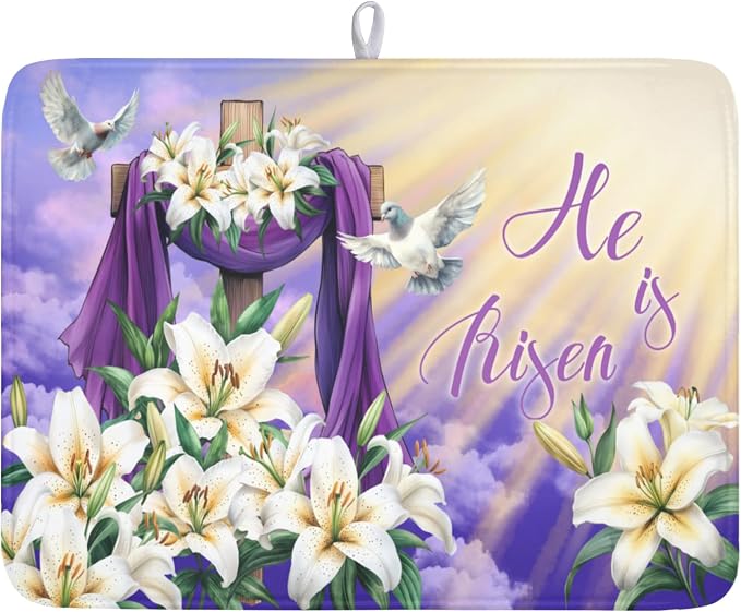 Easter Dish Drying Mat for Kitchen Counter He is Risen Cross Floral Purple Pattern Microfiber Dish Drainer Mat Rustic Absorbent Washable Drying Pad Extra Large 18"x24"