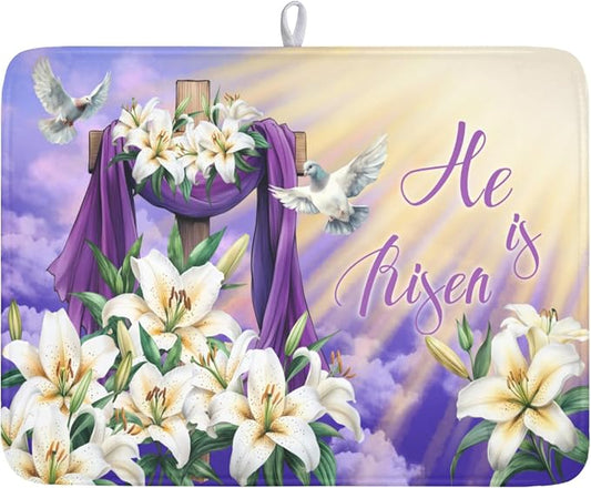 Easter Dish Drying Mat for Kitchen Counter He is Risen Cross Floral Purple Pattern Microfiber Dish Drainer Mat Rustic Absorbent Washable Drying Pad Extra Large 18"x24"
