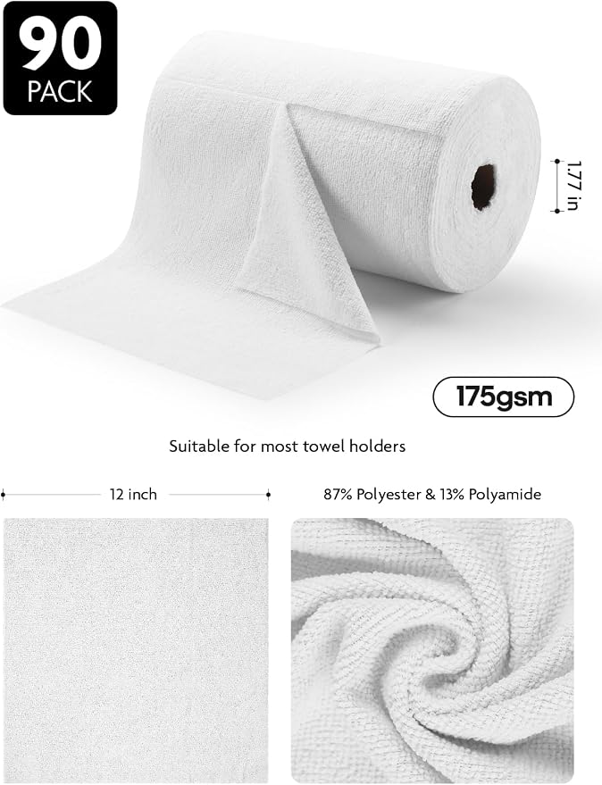 Fantasticlean Microfiber Cleaning Cloth Roll- 90 Sheets, 12" x 12" (White) | Super Absorbent, Lint-free, Tear-away Microfiber Towel Roll, for All-Purpose Cleaning, Reusable Alternative to Paper Towels
