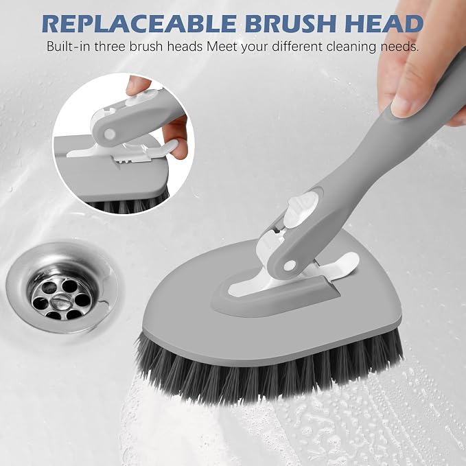 SetSail 4-in-1 Tile Tub Floor Scrubber with V-Shaped Grout Brush, Gray | with 3 Detachable Replacement Brush Head, Multi-Angle Cleaning Locks at 45°, 90°, 180° for Bathroom Kitchen Walls Tub Tile
