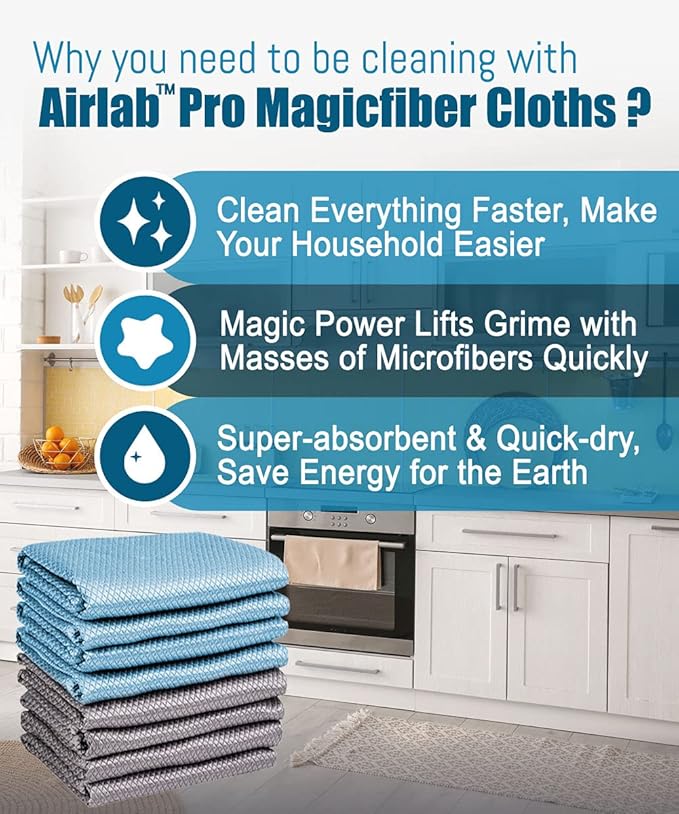 Airlab Glass Polishing Streak Free Miracle Cleaning Cloth, Grey & Blue | Lint Free Microfiber Cleaning Rags for Glasses Kitchen Dish Mirrors Easy Clean, 16 x 12 Inches, Pack of 8