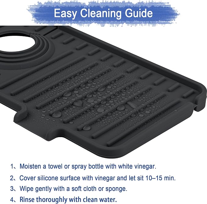 Amerner Kitchen Sink Splash Guard, 10° Large Slope & Adaptable Hole Faucet Mat for Kitchen Sink, Silicone Sink Organizer Sponge Holder for Kitchen, Bathroom, RV, Bar, 14.2” x 5.1”, Black