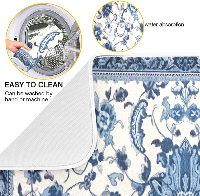 Dish Drying Mat Kitchen Counter Absorbent Blue and White Pattern Coffee Sink Mat Dish Drainer Pad 18 Inch x 24 Inch