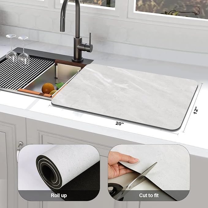 Findosom Dish Drying Mat, 12"x 20" Super Absorbent & Hide Stain Coffee Mat, Cuttable Drying Mat for Kitchen Counter, Coffee Bar Accessories, Under Dish Rack, Espresso Machine, LightGrey-2