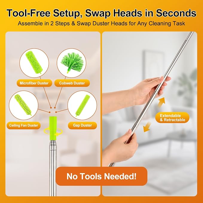 Tiumso Duster with Extension Pole 100 inch Extendable Reusable Dusters for Cleaning 5-in-1 Anti-Spin Dusting Kits for High Ceiling Fans, Cobwebs & Vents, Reinforced Stainless Steel Telescopic Handle