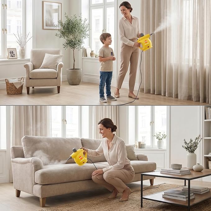 Handheld Steam Cleaner, Pressurized Multi-Surface Steam Shot with 13 Accessories, Safety Lock, Steamer for Cleaning Floor, Upholstery, Grout, Windows, Couch and Car (Yellow)