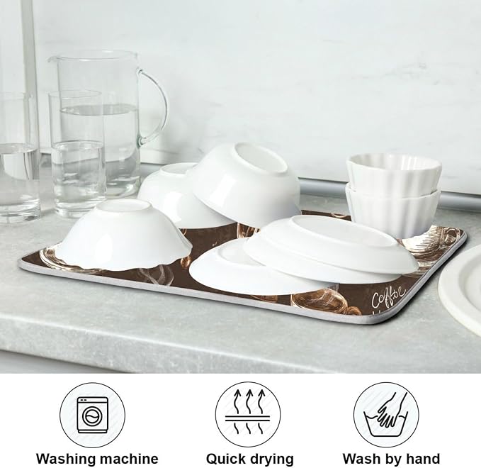 Coffee Beans Dish Drying Mat for Kitchen Counter 18 x 24 Inch Absorbent Microfiber Dry Dishes Mats Drainer Mat Dish Drying Pad for Countertops