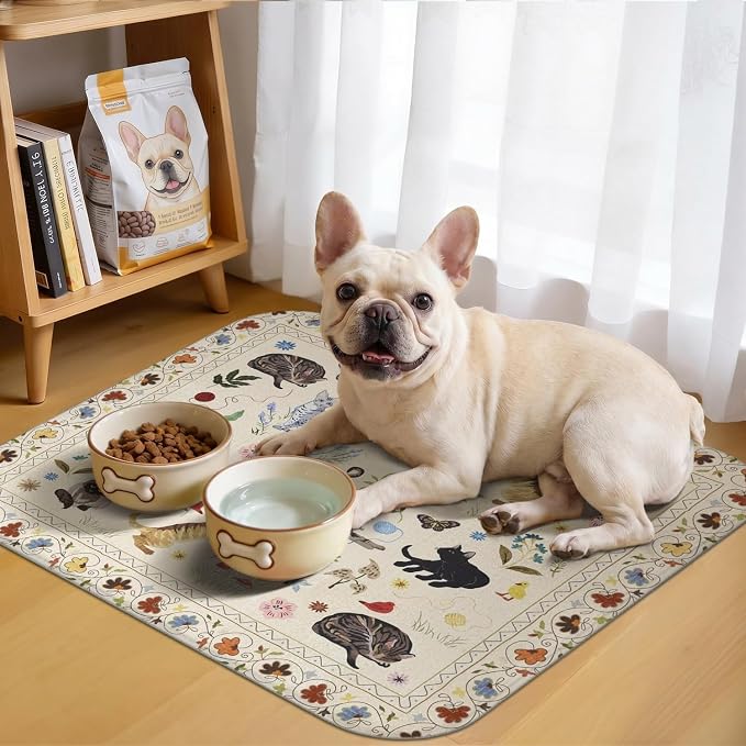 Boho Dish Drying Mat for Kitchen Counter,Flower Floral Animal Cat Farmhouse Absorbent Microfiber Reusable Washable Non-Slip Dish Drainer Draining Mats Dishes Pad for Kitchen Decor 18x16 Inch