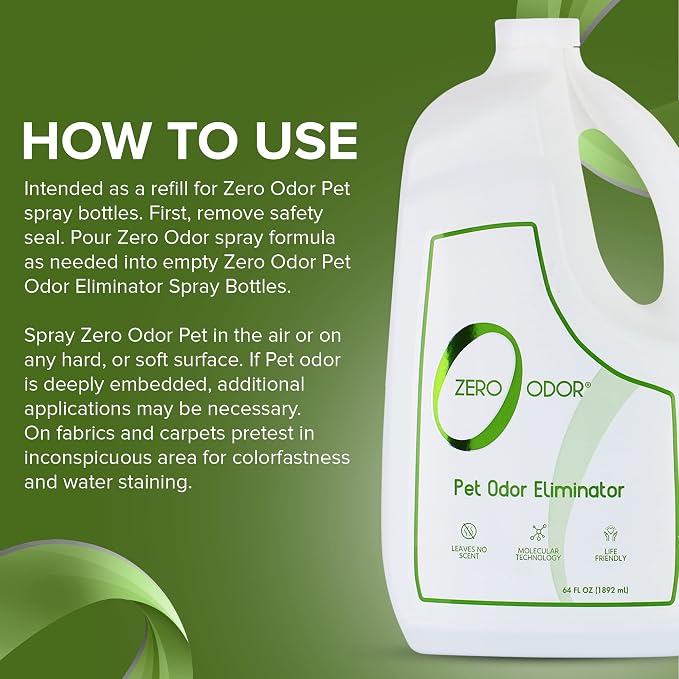 Zero Odor Pet Odor Eliminator, Air and Surface Odor Remover for Carpet, Furniture, and Pet Beds, Refill, 64 oz