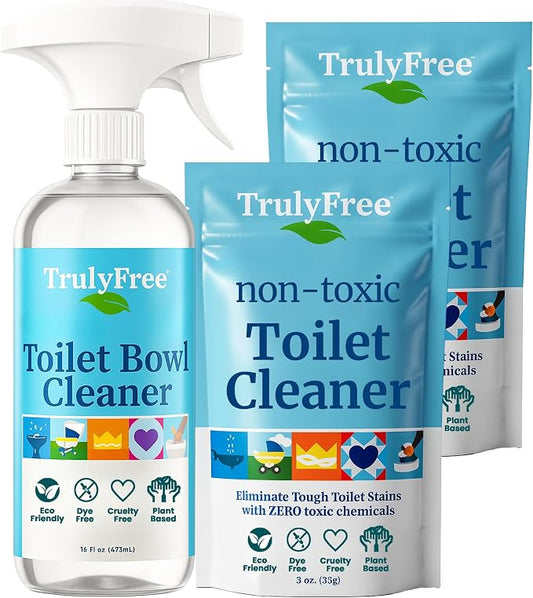 Truly Free Toilet Bowl Cleaner - Heavy-Duty Stain Remover - Septic Safe, Plant-Based Formula - Fresh Peppermint Scent - 16 oz Reusable Empty Bottle + Two Fills, 3 oz ea.