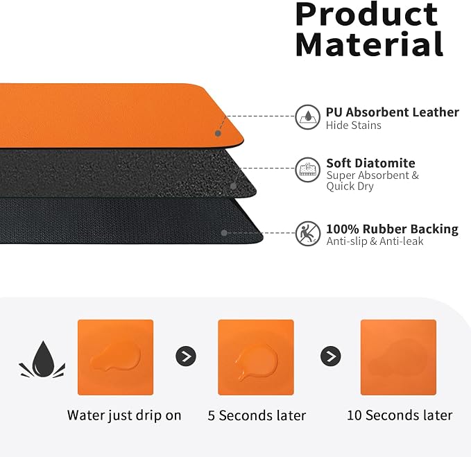 HotLive Dish Drying Mat for Kitchen Counter, Heat Resistant Drainer Mats with Non-slip Rubber Backed, Hide Stain Kitchen Super Absorbent Draining Mat, Easy to Clean Dish Rack Pad, Orange 18"x32"