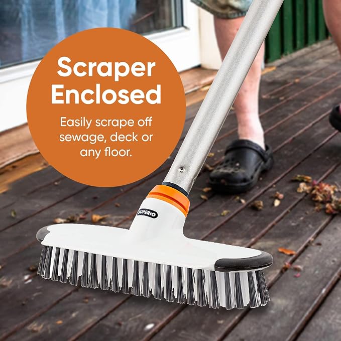 Superio Deck Scrub Brush with Long Handle, Heavy Duty Stiff Bristles Grout Scrubber with Scraper - Cleans Hot Tub, Swimming Pool, Granite Tiles, Bathroom, Patio, Kitchen, Wall and Deck (54 Inches)