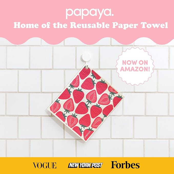 Papaya Swedish Dishcloths for Kitchen, 2 Reusable Paper Towels, 1 Hook | Eco Friendly, Washable, Quick Drying, No Odor, Replaces 17 Rolls of Paper Towel, Sustainable