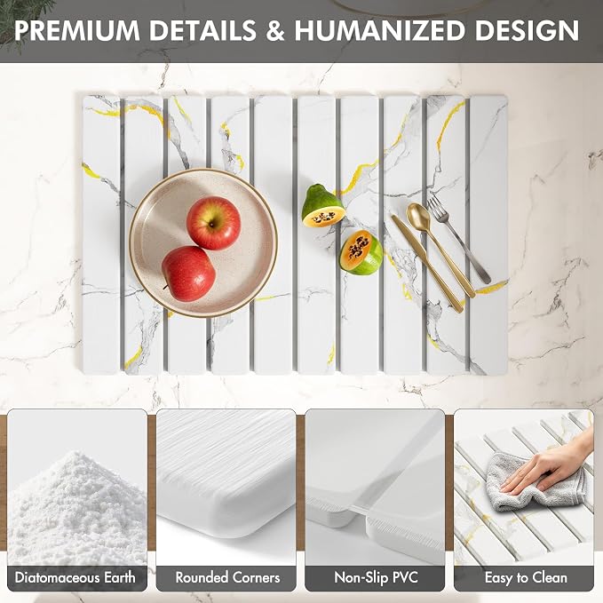 4 Pcs Stone Dish Drying Mat Set, 24''x16'' Fodable Large Diatomaceous Earth Drying Mat, Faucet Mat and 2 Coasters for Kitchen Counter, Super Absorbent Quick Dry Mats for Dishes Bottles Cups