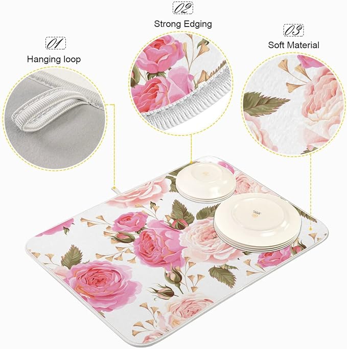 Absorbent Dish Drying Mat for Kitchen Counter - Floral Rose Pink Microfiber Drying Pad, Reversible Drainer Mats for Countertop, Lager 18 x 24 inch