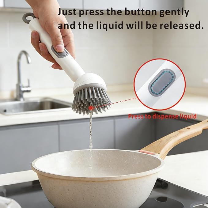 QMUNLLO 360° Rotating Dish Brush with Soap Dispenser, Non-Slip Long Handle Kitchen Scrubber Cleaning Set with Towel and Wall Hook, Ideal for Sink, Pans, Pots Cleaning(White)