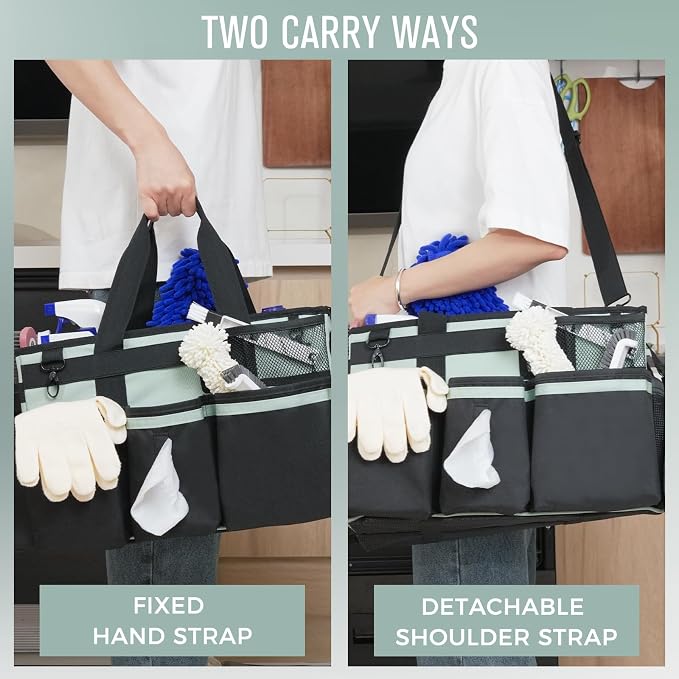 SCAVATA Wearable Cleaning Caddy, Cleaning Caddy Supplies Organizer with Handle & Shoulder Straps for Housekeepers, Under Sink & Car Cleaning Tool Organizers Bag with 4 Foldable Divider (Celadon)