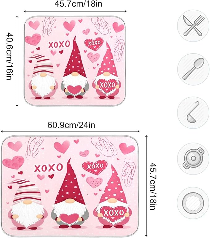 Happy Valentine Hearts Gnomes Dish Drying Mat 18 X 24 In Red Love Absorbent Microfiber Dry Dishes Pads Tableware Mats Protector for Kitchen Countertops Counter Home Decorations