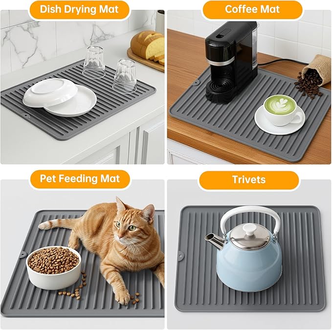 Songrey 16" x 12" Silicone Dish Drying Mat, Kitchen Counter Drying Pad for Sink Dishes or Under Rack, Multi-Use as Heat Resistant Trivet, Coffee Bar Mat