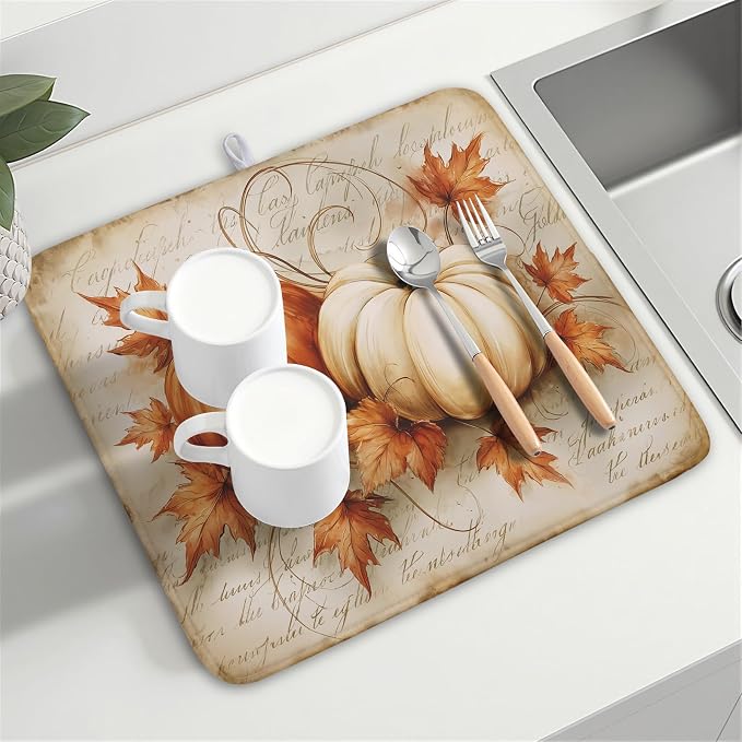 Fall Pumpkin Dish Drying Mat 16X18 Inch Vintage Autumn Drying Mat for Kitchen Counter Absorbent Maple Leaf Fall Thanksgiving Farmhouse Dishes Pad Drainer Mat Countertop Protector for Kitchen Fast Dry