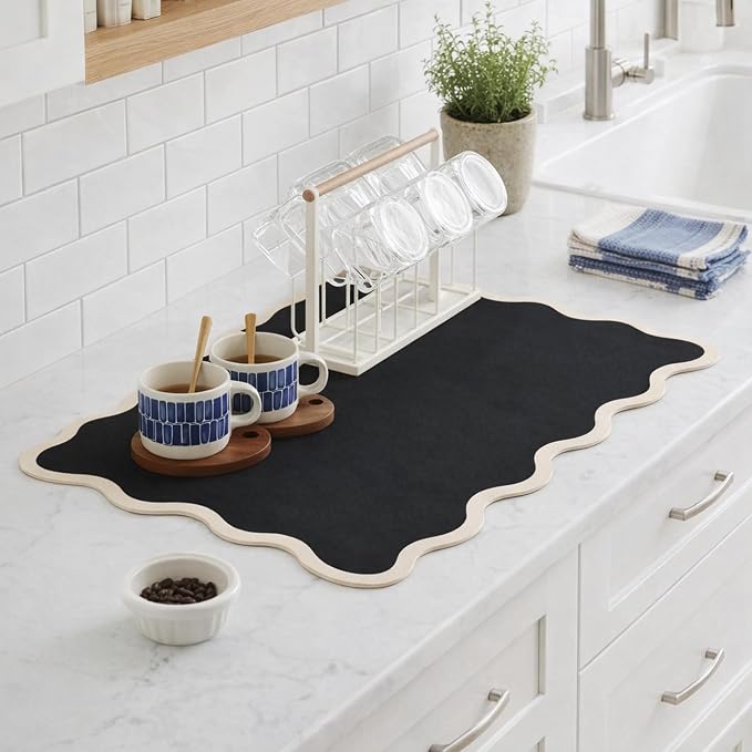 Scalloped Dish Drying Mat for Kitchen Counter, Absorbent Easy Clean Non-slip Coffee Bar Station Accessories, Trendy Cute Aesthetic Modern Drainer Kitchen Drying Mat, Black 15" x 24"