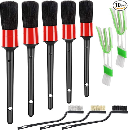 HMPLL 10pcs Auto Car Detailing Brush Set Car Interior Cleaning Kit | Includes 5 Boar Hair Detail Brush,3 Wire Brush, 2 Air Vent Brush for Cleaning Car Interior Exterior, Dashboard Leather Wheel