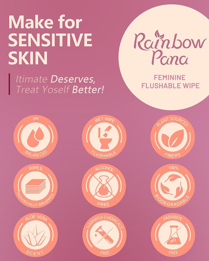 RainbowPana Feminine Wipes, 120 Count ON-THE-GO Individually Wrapped | Flushable Wipes, Travel Wipes for Women, Aloe, Portulaca, Vitamin E | pH Balanced