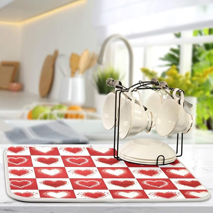 Valentine's Day Love Heart Red Buffalo Plaid Dish Drying Mat 16x18 for Kitchen Mother's Day Rose Pink Flowers Dishes Pad Dish Drainer Rack Mats Absorbent Fast Dry Kitchen Accessories