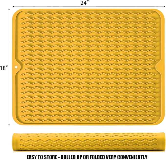 Large 24" x 18" Silicone Dish Drying Mat for Kitchen Counter, Easy clean, Quick Dry, Heat-resistant Dish Drainer Mat for Sink,Refrigerator or Drawer liner (Food Grade Silicone-Yellow)