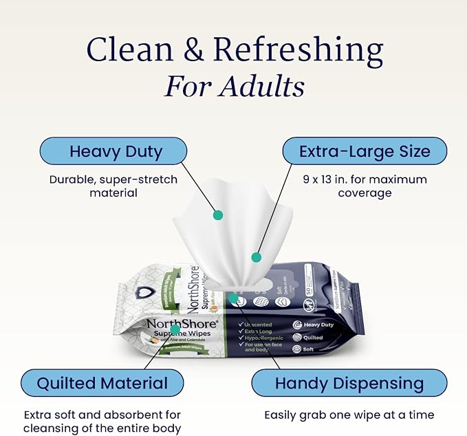 NorthShore Supreme Heavy-Duty Quilted Wipes, X-Large, 9 x 13 in., Pack of 50