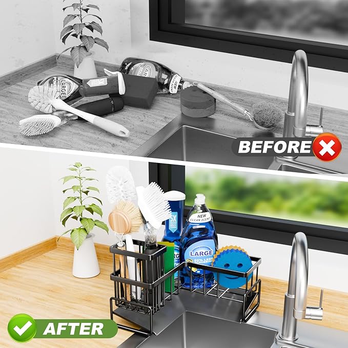Fikoksol Large Sponge Holder for Kitchen Sink, 90-Degree Sink Caddy Organizer with Dish Brush Holder for Countertop Corner Storage Rack, Metal L-Shaped Kitchen Sink Sponge Soap Organizer Storage Ideas